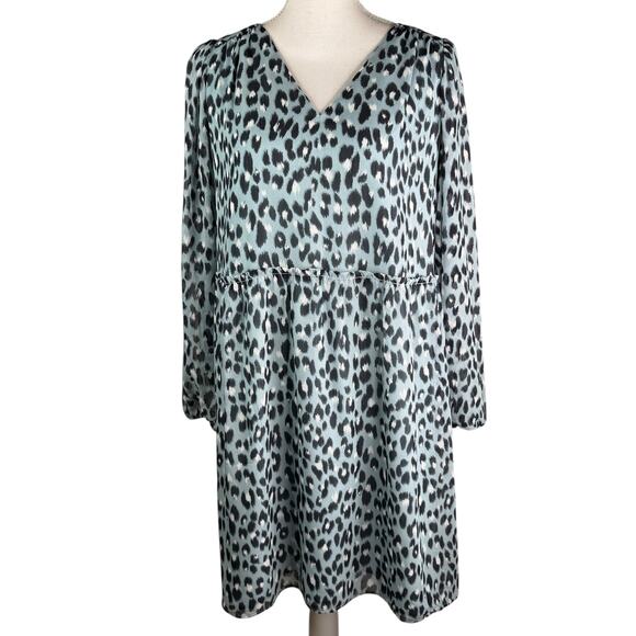 Loft Leopard Print V-Neck Swing Dress Blue Black Animal Print Relaxed Fit L - Picture 2 of 9